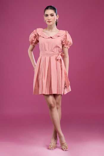 Naintara Bajaj_Pink Cotton Scoop Neck Frilled Dress And Shorts Set _at_Aza_Fashions