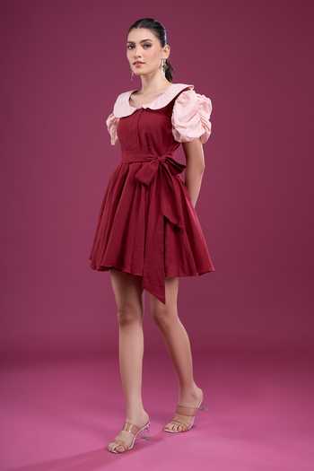 Naintara Bajaj_Maroon Cotton Round Neck Contrast Sleeve Dress And Shorts Set _Online_at_Aza_Fashions