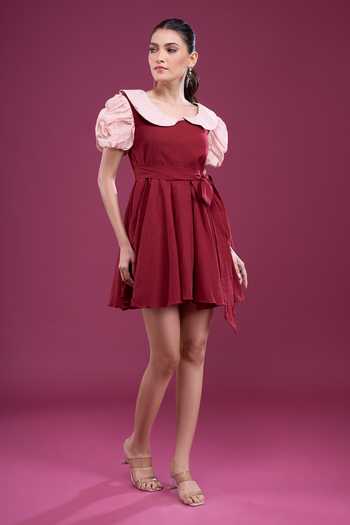Buy_Naintara Bajaj_Maroon Cotton Round Neck Contrast Sleeve Dress And Shorts Set _Online_at_Aza_Fashions