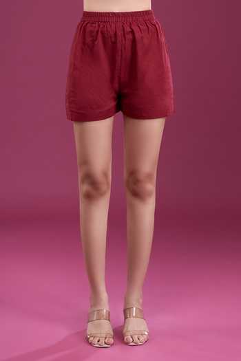 Shop_Naintara Bajaj_Maroon Cotton Round Neck Contrast Sleeve Dress And Shorts Set _Online_at_Aza_Fashions