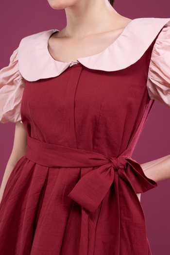 Naintara Bajaj_Maroon Cotton Round Neck Contrast Sleeve Dress And Shorts Set _at_Aza_Fashions