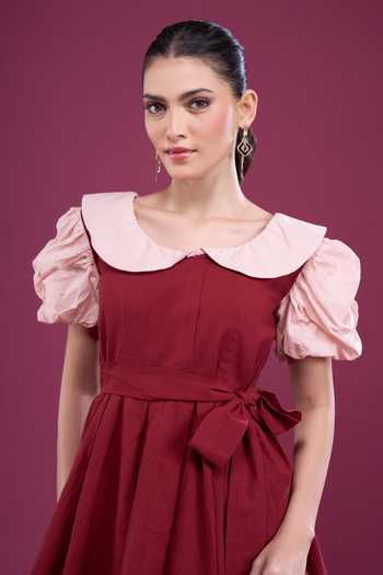Buy_Naintara Bajaj_Maroon Cotton Round Neck Contrast Sleeve Dress And Shorts Set 