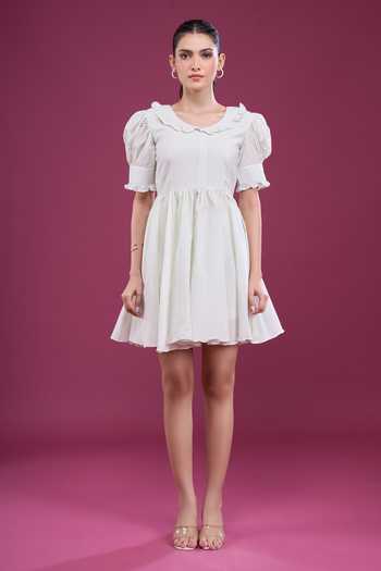 Naintara Bajaj_Mint Cotton Round Neck Puff Sleeve Dress And Shorts Set _Online_at_Aza_Fashions