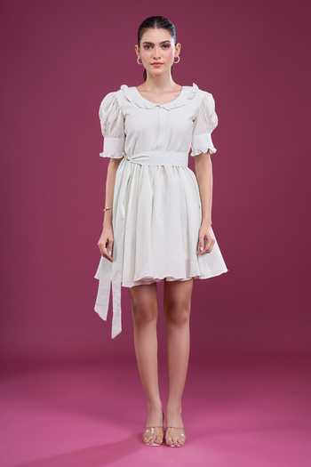 Buy_Naintara Bajaj_Mint Cotton Round Neck Puff Sleeve Dress And Shorts Set _Online_at_Aza_Fashions
