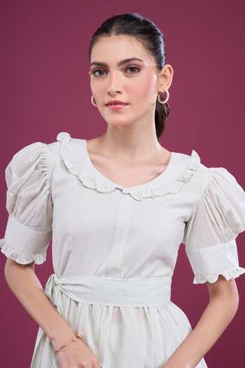 Shop_Naintara Bajaj_Mint Cotton Round Neck Puff Sleeve Dress And Shorts Set _Online_at_Aza_Fashions