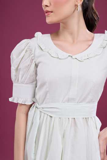 Buy_Naintara Bajaj_Mint Cotton Round Neck Puff Sleeve Dress And Shorts Set 