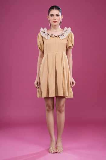 Naintara Bajaj_Mustard Cotton Off-shoulder Frilled Neck Dress And Shorts Set _Online_at_Aza_Fashions