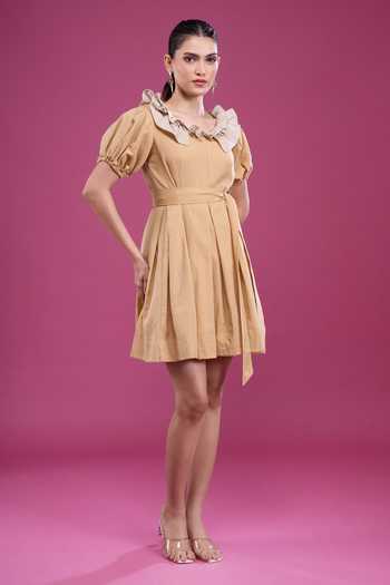 Buy_Naintara Bajaj_Mustard Cotton Off-shoulder Frilled Neck Dress And Shorts Set _Online_at_Aza_Fashions