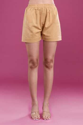 Shop_Naintara Bajaj_Mustard Cotton Off-shoulder Frilled Neck Dress And Shorts Set _Online_at_Aza_Fashions