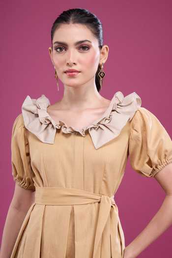 Naintara Bajaj_Mustard Cotton Off-shoulder Frilled Neck Dress And Shorts Set _at_Aza_Fashions