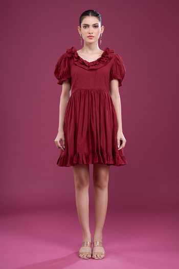Naintara Bajaj_Maroon Cotton V-neck Puff Sleeve Dress And Shorts Set _Online_at_Aza_Fashions