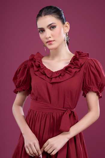 Buy_Naintara Bajaj_Maroon Cotton V-neck Puff Sleeve Dress And Shorts Set _Online_at_Aza_Fashions