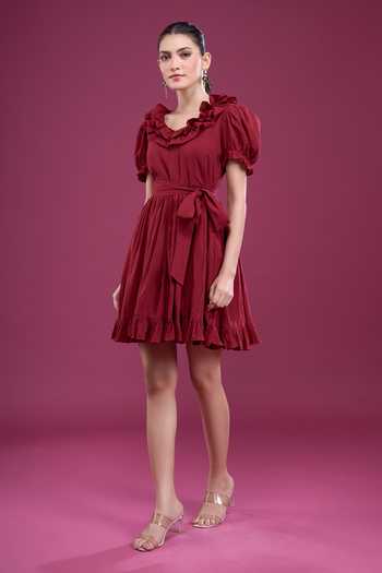Shop_Naintara Bajaj_Maroon Cotton V-neck Puff Sleeve Dress And Shorts Set _Online_at_Aza_Fashions