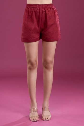 Naintara Bajaj_Maroon Cotton V-neck Puff Sleeve Dress And Shorts Set _at_Aza_Fashions