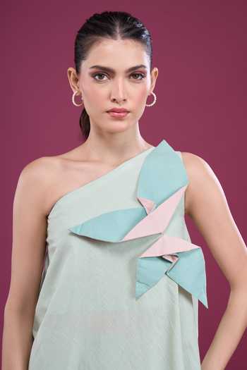 Naintara Bajaj_Green Silk Asymmetric, One Shoulder Dress With Shorts _Online_at_Aza_Fashions