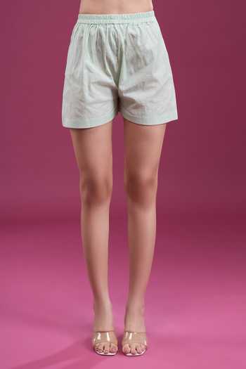 Shop_Naintara Bajaj_Green Silk Asymmetric, One Shoulder Dress With Shorts _Online_at_Aza_Fashions
