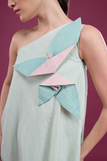 Naintara Bajaj_Green Silk Asymmetric, One Shoulder Dress With Shorts _at_Aza_Fashions