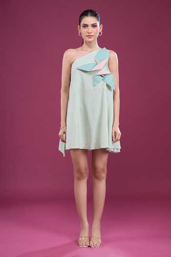Buy_Naintara Bajaj_Green Silk Asymmetric, One Shoulder Dress With Shorts 