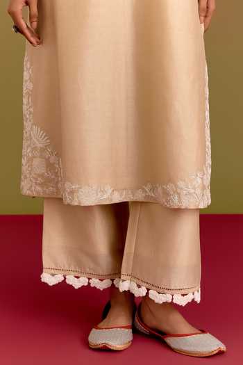 Devnaagri_Beige Silk, Chanderi, Organza Round Neck Embroidered Kurta Set _Online_at_Aza_Fashions