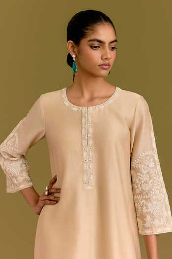 Buy_Devnaagri_Beige Silk, Chanderi, Organza Round Neck Embroidered Kurta Set _Online_at_Aza_Fashions