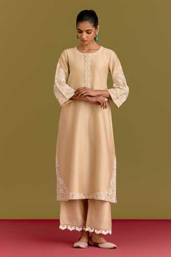 Shop_Devnaagri_Beige Silk, Chanderi, Organza Round Neck Embroidered Kurta Set _Online_at_Aza_Fashions