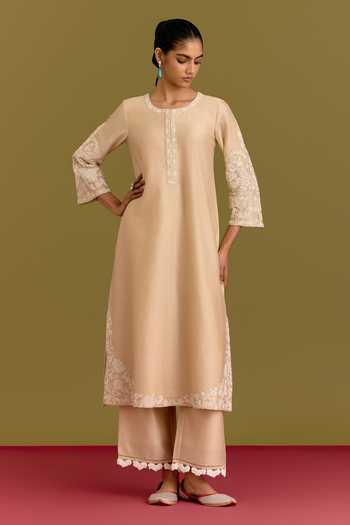 Devnaagri_Beige Silk, Chanderi, Organza Round Neck Embroidered Kurta Set _at_Aza_Fashions