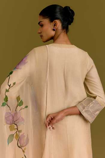 Shop_Devnaagri_Beige Silk, Chanderi, Organza V-neck Kurta Set With Floral Pattern Dupatta _Online_at_Aza_Fashions