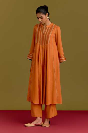 Shop_Devnaagri_Orange , Cotton, Satin, Satin, Shantoon Split Contrast Yoke Kurta Set _Online_at_Aza_Fashions
