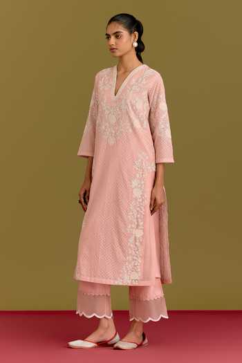 Devnaagri_Pink Chanderi, Silk Organza Split V-neck Embroidered Kurta Pant Set _Online_at_Aza_Fashions