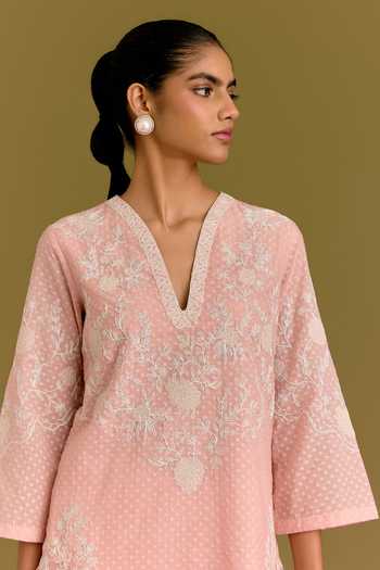 Buy_Devnaagri_Pink Chanderi, Silk Organza Split V-neck Embroidered Kurta Pant Set _Online_at_Aza_Fashions