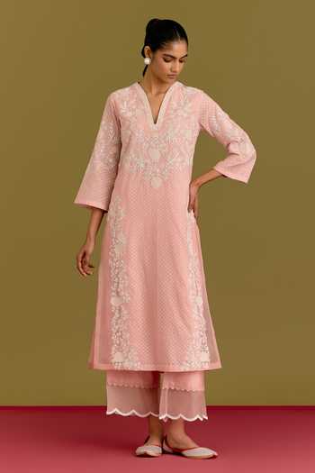 Shop_Devnaagri_Pink Chanderi, Silk Organza Split V-neck Embroidered Kurta Pant Set _Online_at_Aza_Fashions