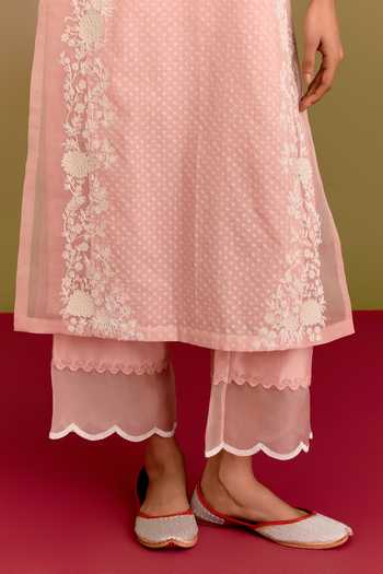Devnaagri_Pink Chanderi, Silk Organza Split V-neck Embroidered Kurta Pant Set _at_Aza_Fashions