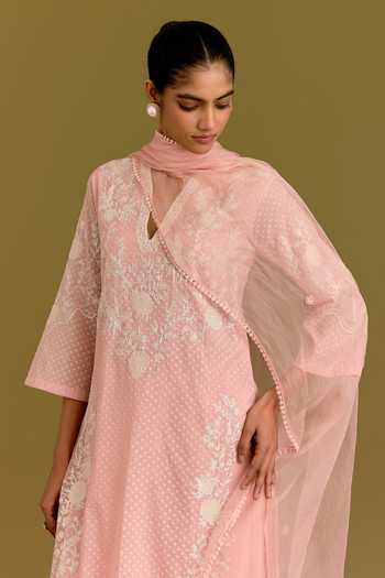 Buy_Devnaagri_Pink Chanderi, Silk Organza Split V-neck Embroidered Kurta Pant Set 