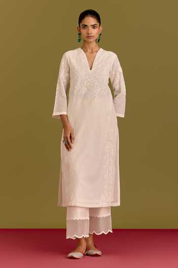 Devnaagri_Ivory , , Chanderi, V-neck Tonal Embroidered Kurta Set _Online_at_Aza_Fashions