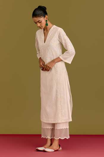 Buy_Devnaagri_Ivory , , Chanderi, V-neck Tonal Embroidered Kurta Set _Online_at_Aza_Fashions