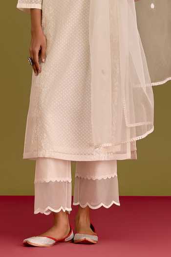 Shop_Devnaagri_Ivory , , Chanderi, V-neck Tonal Embroidered Kurta Set _Online_at_Aza_Fashions