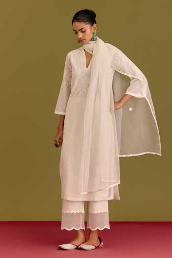 Devnaagri_Ivory , , Chanderi, V-neck Tonal Embroidered Kurta Set _at_Aza_Fashions