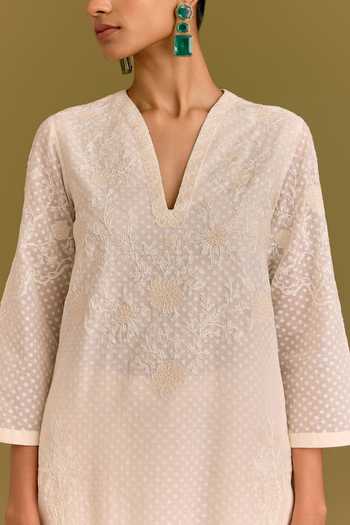 Shop_Devnaagri_Ivory , , Chanderi, V-neck Tonal Embroidered Kurta Set 