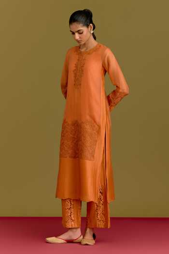 Devnaagri_Orange , , Chanderi, Round Neck Embroidered Kurta Set _at_Aza_Fashions