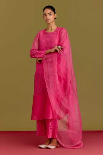 Buy Devnaagri Fuchsia Silk, Organza, Chanderi Round Neck Tonal Embroidered Straight Kurta Set Online at Aza Fashions Buy_Devnaagri_Fuchsia Silk, Organza, Chanderi Round Neck Tonal Embroidered Straight Kurta Set _Online_at_Aza_Fashions