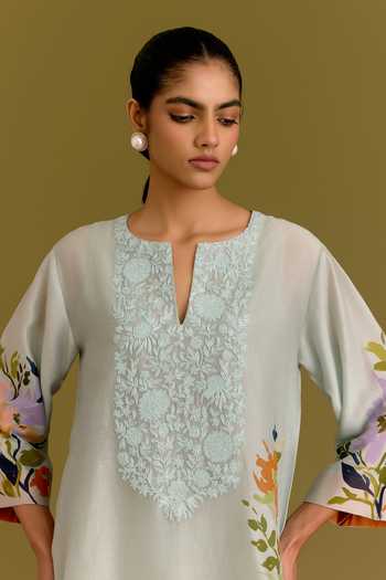 Devnaagri_Blue Silk, Chanderi, Organza Split V-neck Floral Pattern Kurta Set _Online_at_Aza_Fashions