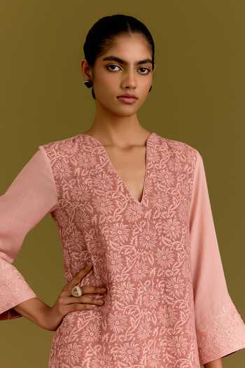 Shop_Devnaagri_Pink Cotton, Organza V-neck Floral Hand Block Print Kurta Set _Online_at_Aza_Fashions