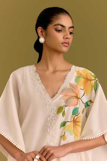 Devnaagri Ivory Silk, Chanderi V-neck Floral Hand Paint Kaftan Set Online at Aza Fashions Devnaagri_Ivory Silk, Chanderi V-neck Floral Hand Paint Kaftan Set _Online_at_Aza_Fashions