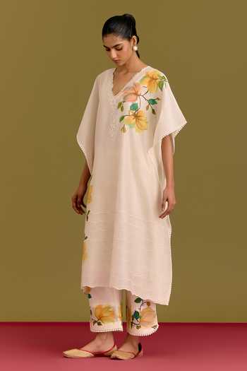 Shop Devnaagri Ivory Silk, Chanderi V-neck Floral Hand Paint Kaftan Set Online at Aza Fashions Shop_Devnaagri_Ivory Silk, Chanderi V-neck Floral Hand Paint Kaftan Set _Online_at_Aza_Fashions