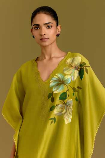 Devnaagri_Green Silk, Chanderi V-neck Kaftan And Pant Set _Online_at_Aza_Fashions