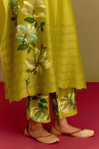 Buy_Devnaagri_Green Silk, Chanderi V-neck Kaftan And Pant Set _Online_at_Aza_Fashions