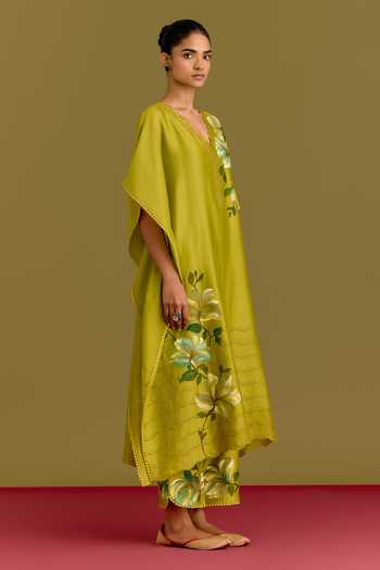 Shop_Devnaagri_Green Silk, Chanderi V-neck Kaftan And Pant Set _Online_at_Aza_Fashions