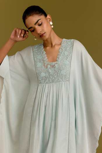 Devnaagri_Blue Silk, Cotton, Satin, Shantoon V-neck Embroidered Yoke Kaftan And Pant Set _Online_at_Aza_Fashions
