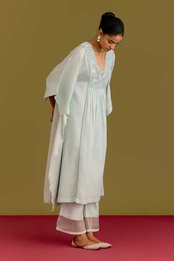 Buy_Devnaagri_Blue Silk, Cotton, Satin, Shantoon V-neck Embroidered Yoke Kaftan And Pant Set _Online_at_Aza_Fashions