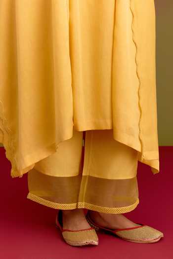Devnaagri_Yellow Silk, Cotton, Satin, Shantoon V-neck Embroidered Yoke Kaftan Set _Online_at_Aza_Fashions